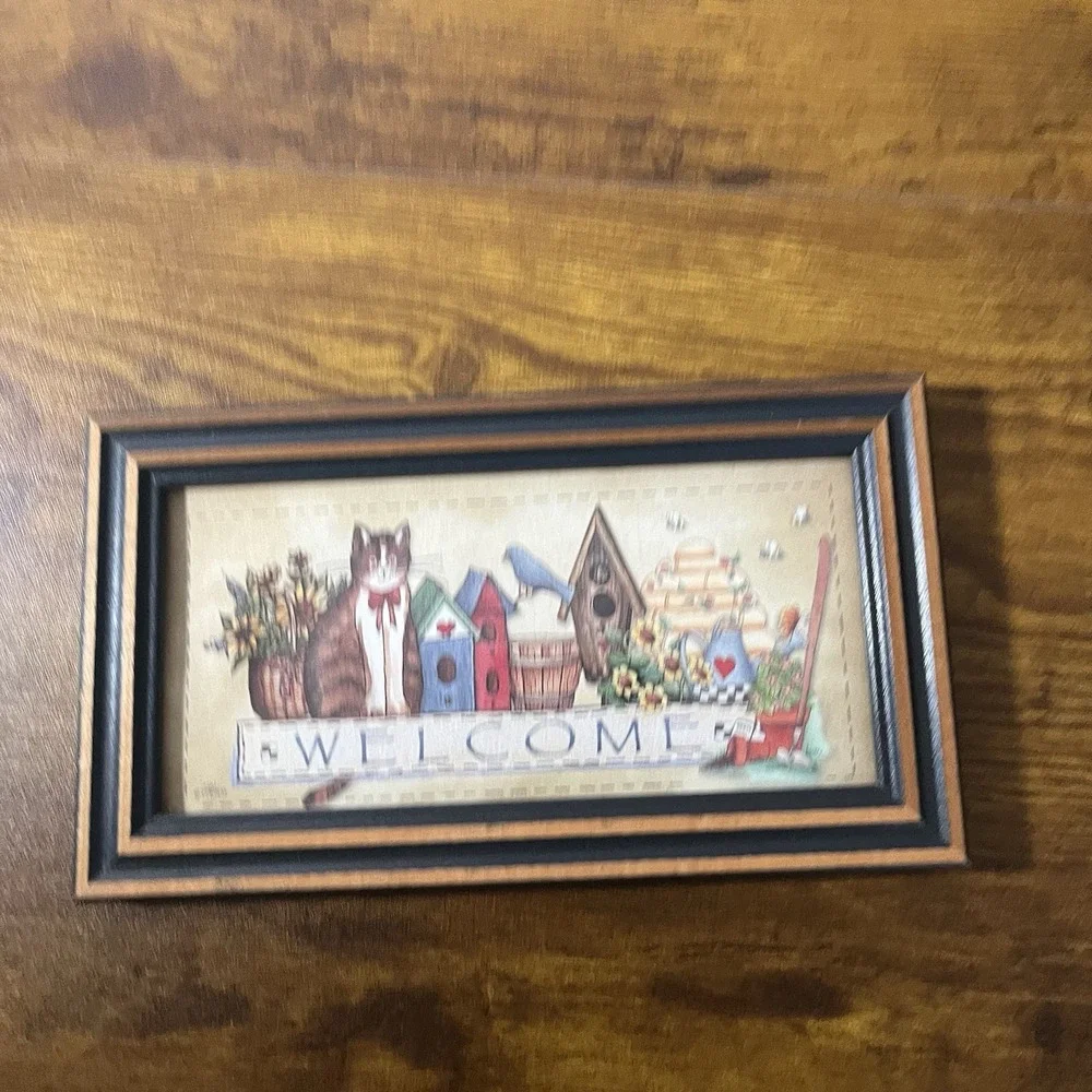 Vintage Primitive Country Folk Art Framed Welcome Cat Bees Garden Bird